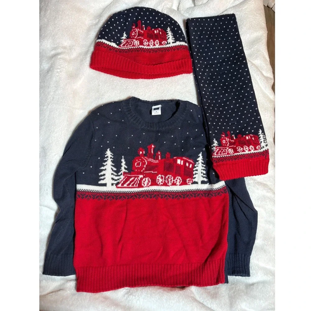 Janie and Jack Kids Train Sweater Hat Scarf Set Navy Red Cotton Size 3 2T-3